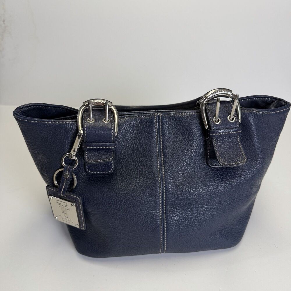Tignanello Navy Blue Pebbled Leather Satchel Double Handle Handbag Buckle Tag